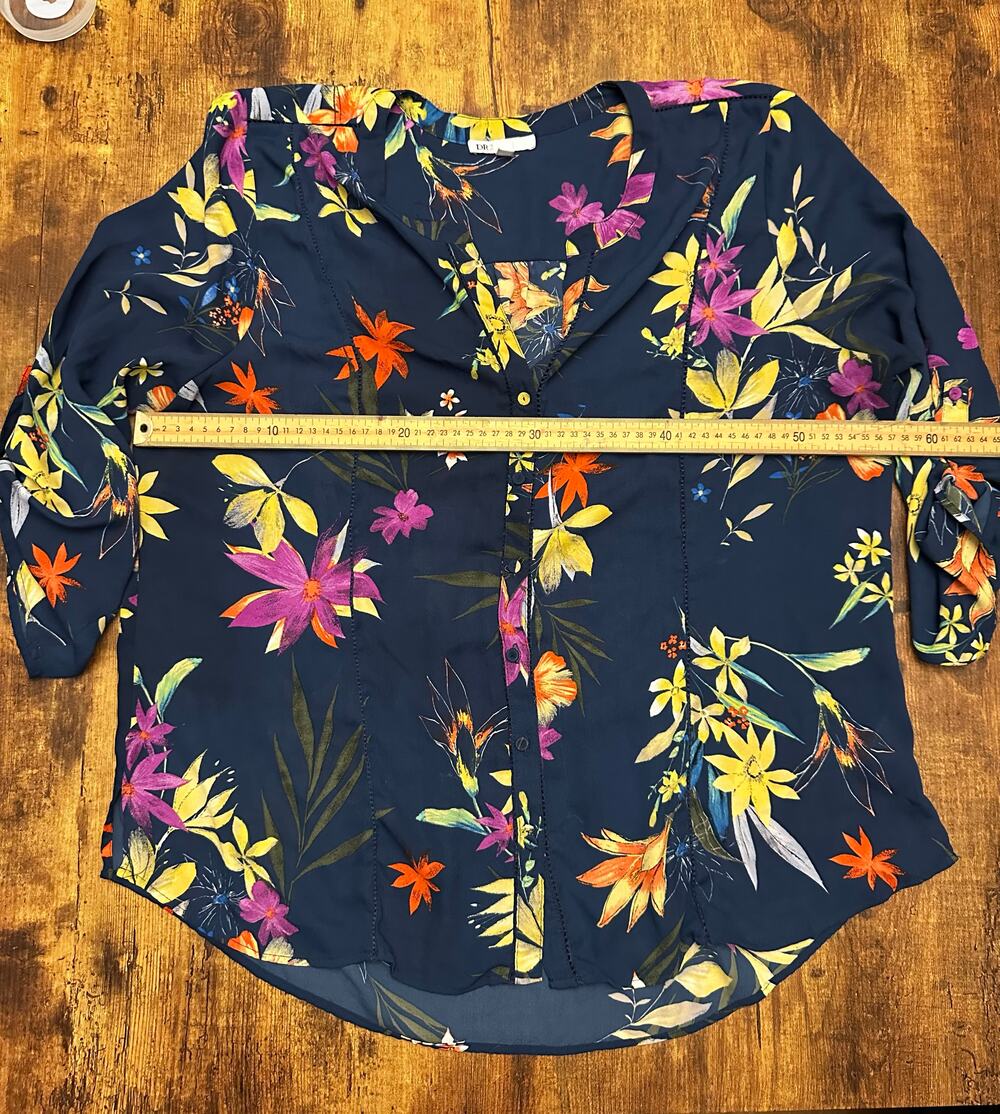 DR2 Navy Multi Womenswear Blouse with Floral Print Split Neck Button Front Long